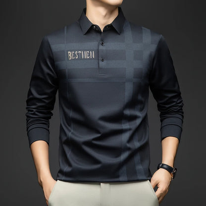 BROWON 2025 Spring Autumn Casual Golf Shirt Polo Man Plaid Pattern Soft Comfortable Long Sleeve Business Office Polo Shirt Men