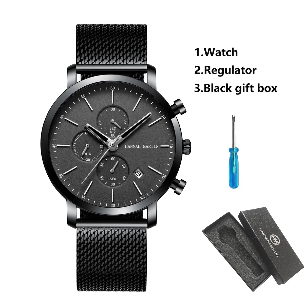 HANNAH MARTIN Brand Top Men Watch Black Stainless Steel Fashion Waterproof Sports Multifunctional Quartz Watch Relogio Masculino