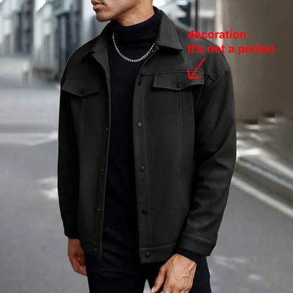 Polyester Brushed Short Jacket for Men, Lapel Button-Down Pocket Coat, Comfortable Casual Autumn Winter Office Business Wear