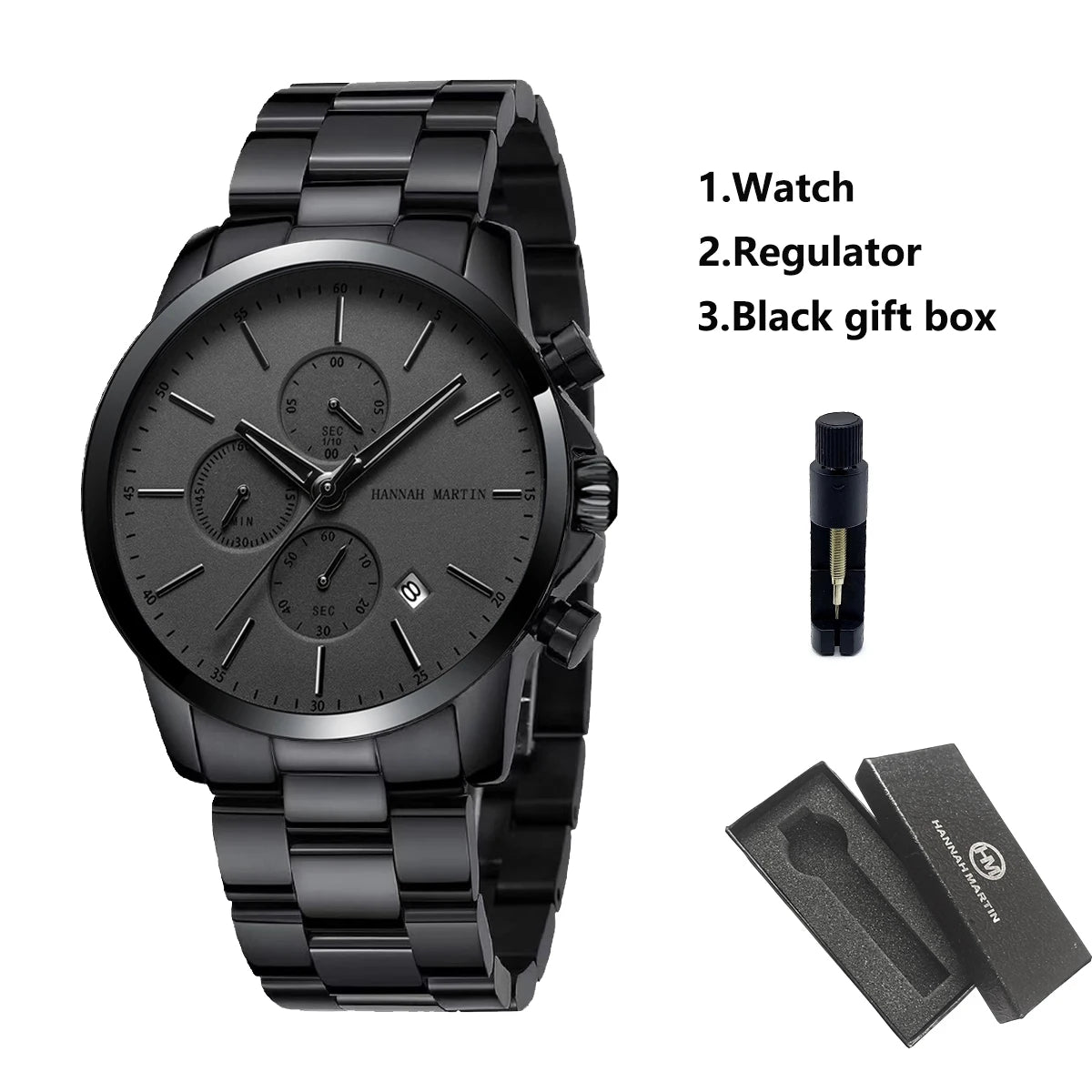 HANNAH MARTIN Brand Top Men Watch Black Stainless Steel Fashion Waterproof Sports Multifunctional Quartz Watch Relogio Masculino