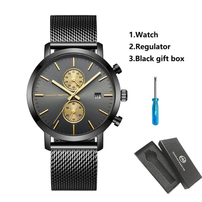 HANNAH MARTIN Brand Top Men Watch Black Stainless Steel Fashion Waterproof Sports Multifunctional Quartz Watch Relogio Masculino