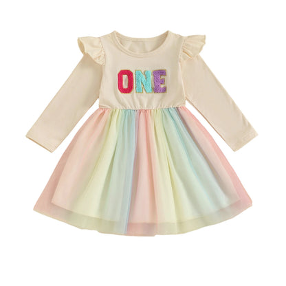 Cute Baby Girl Party Dress with Floral Embroidery Round Neck Long Sleeves Tulle Patchwork Princess Dress for Toddler s Birthday