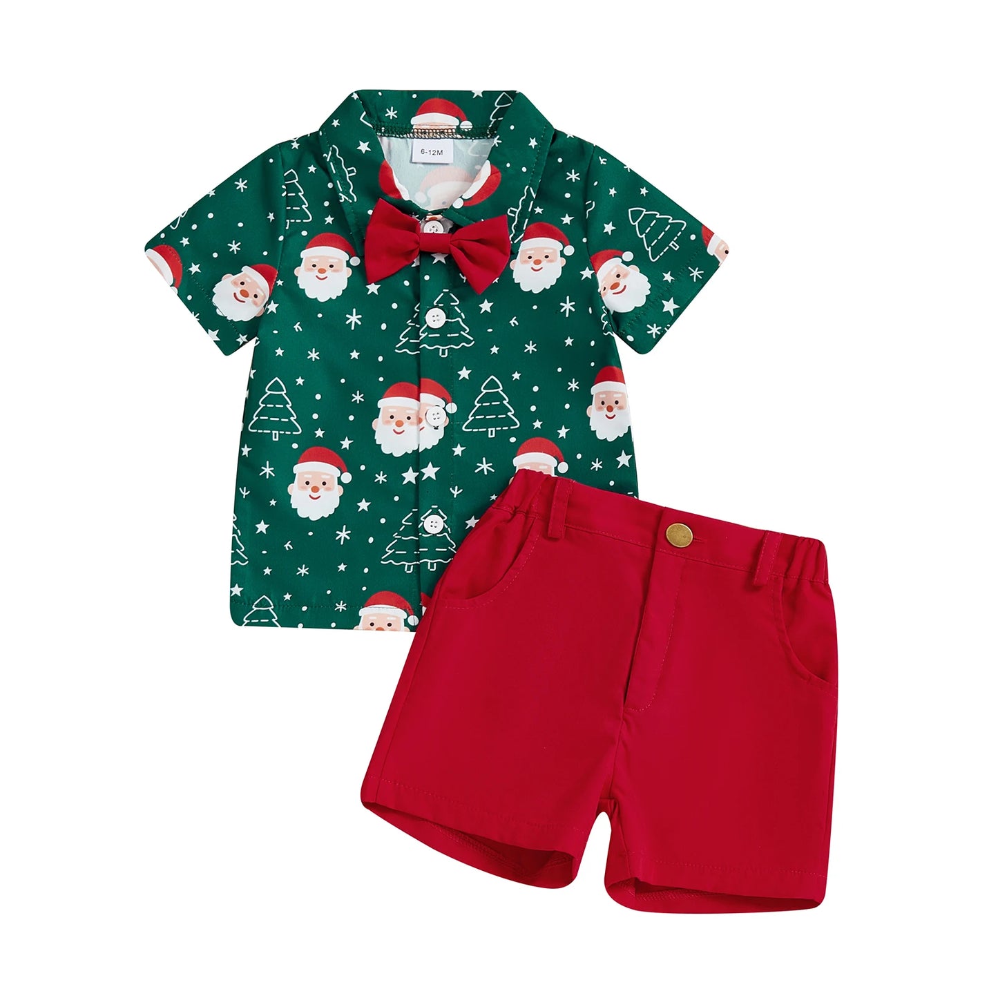 Adorable Infant Boys 2-Piece Set Stylish Short-Sleeve Shirt with Festive Christmas Print and Matching Solid Shorts for a