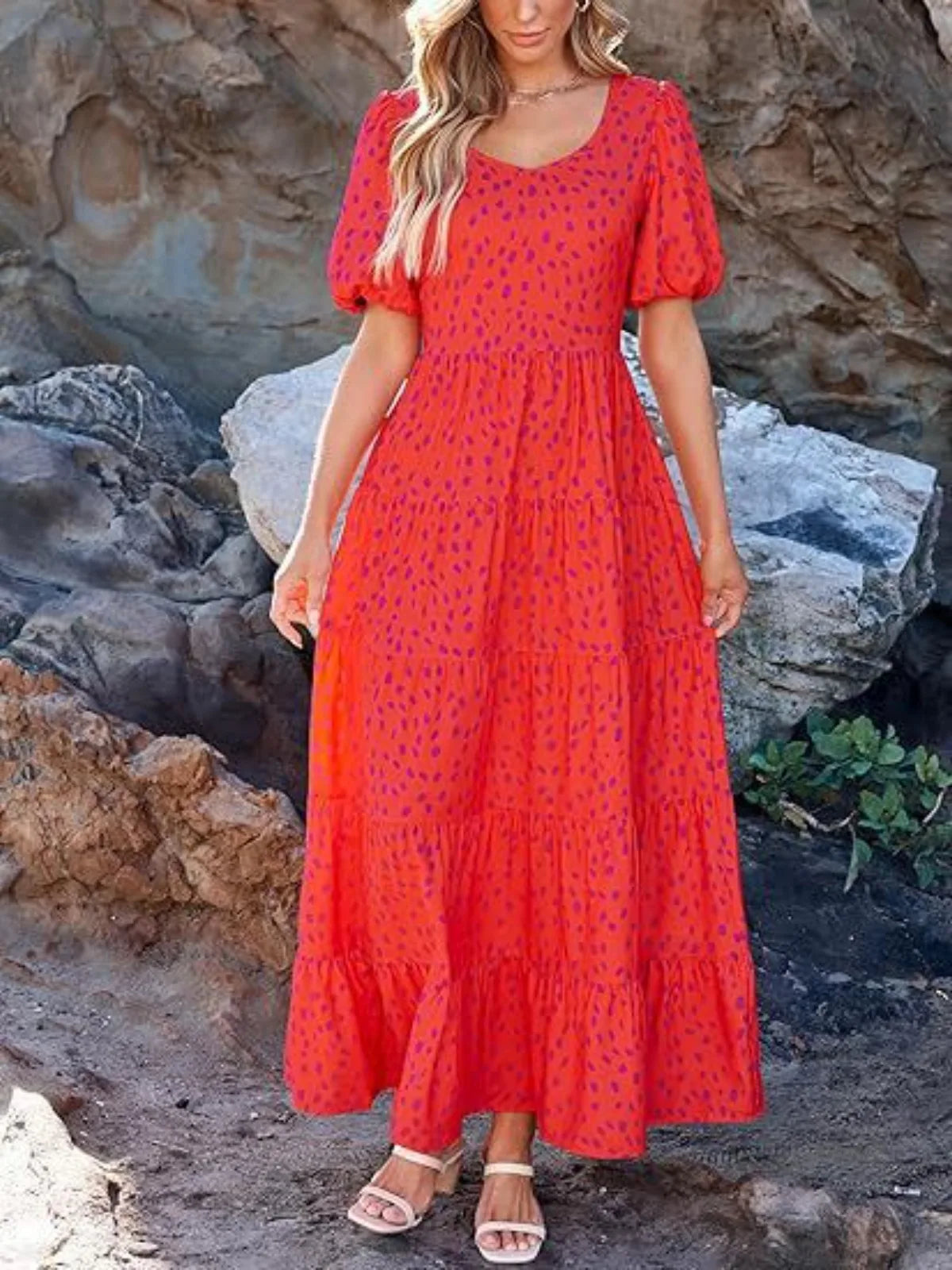 Puff-sleeved gathered open-back printed tiered short-sleeve dress