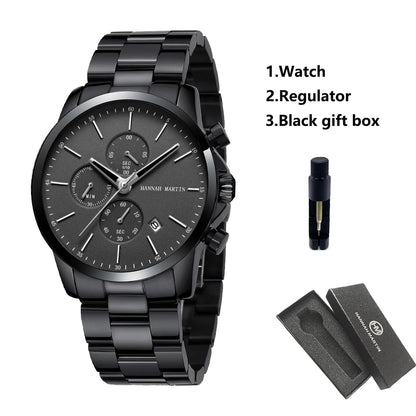 HANNAH MARTIN Brand Top Men Watch Black Stainless Steel Fashion Waterproof Sports Multifunctional Quartz Watch Relogio Masculino