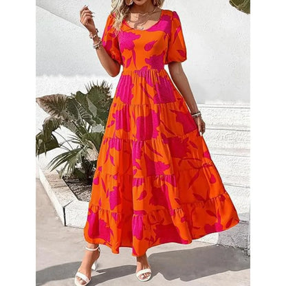 Puff-sleeved gathered open-back printed tiered short-sleeve dress