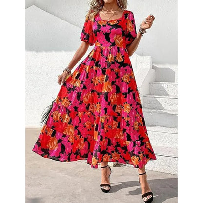 Puff-sleeved gathered open-back printed tiered short-sleeve dress