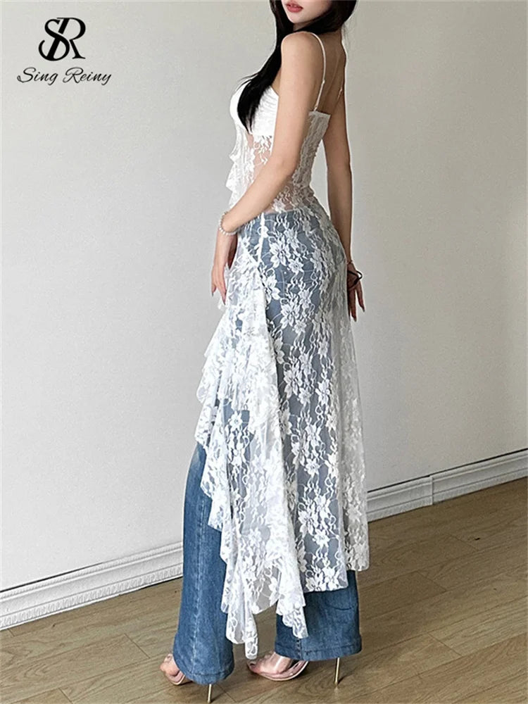 SINGREINY Women Lace Irregular Long Dress Camis Sheath Sensual Sheer Dress Fashion Streetwear Hollow Out Ruffles Sexy Dresses