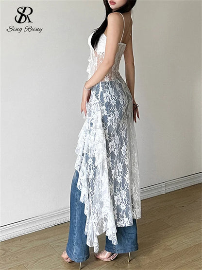SINGREINY Women Lace Irregular Long Dress Camis Sheath Sensual Sheer Dress Fashion Streetwear Hollow Out Ruffles Sexy Dresses