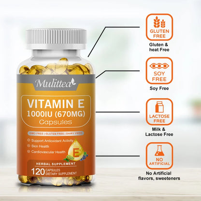 Mulittea Vitamin E Capsules Helps Blood Birculation and Antioxidant &Brightens Skin Tone Daily Vitamin Supplement Beauty Health