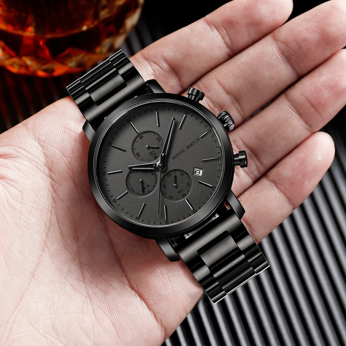 HANNAH MARTIN Brand Top Men Watch Black Stainless Steel Fashion Waterproof Sports Multifunctional Quartz Watch Relogio Masculino