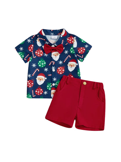 Adorable Infant Boys 2-Piece Set Stylish Short-Sleeve Shirt with Festive Christmas Print and Matching Solid Shorts for a