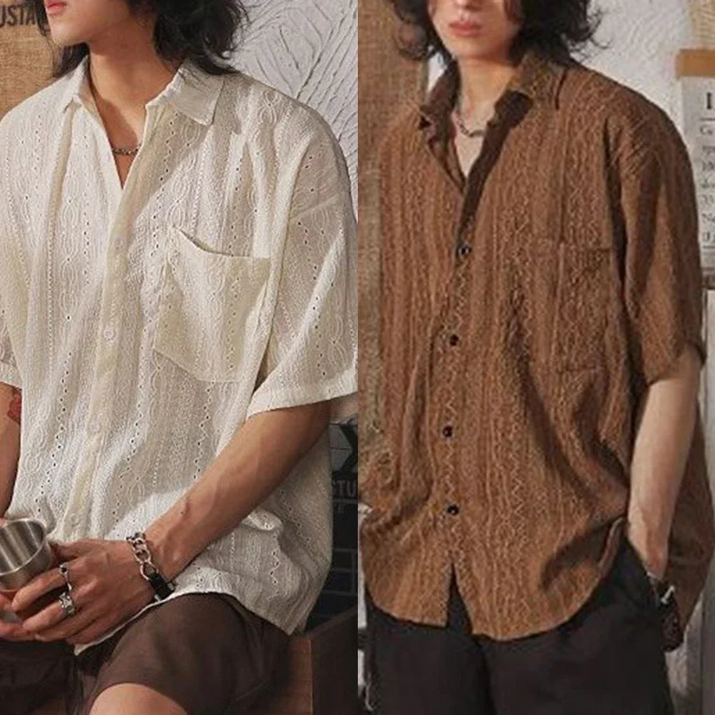Men Casual Loose Hollow Out Short Sleeve Shirts with pockets Retro Fashion Vacation/Daily All-Match Tops Solid Color
