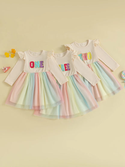 Cute Baby Girl Party Dress with Floral Embroidery Round Neck Long Sleeves Tulle Patchwork Princess Dress for Toddler s Birthday