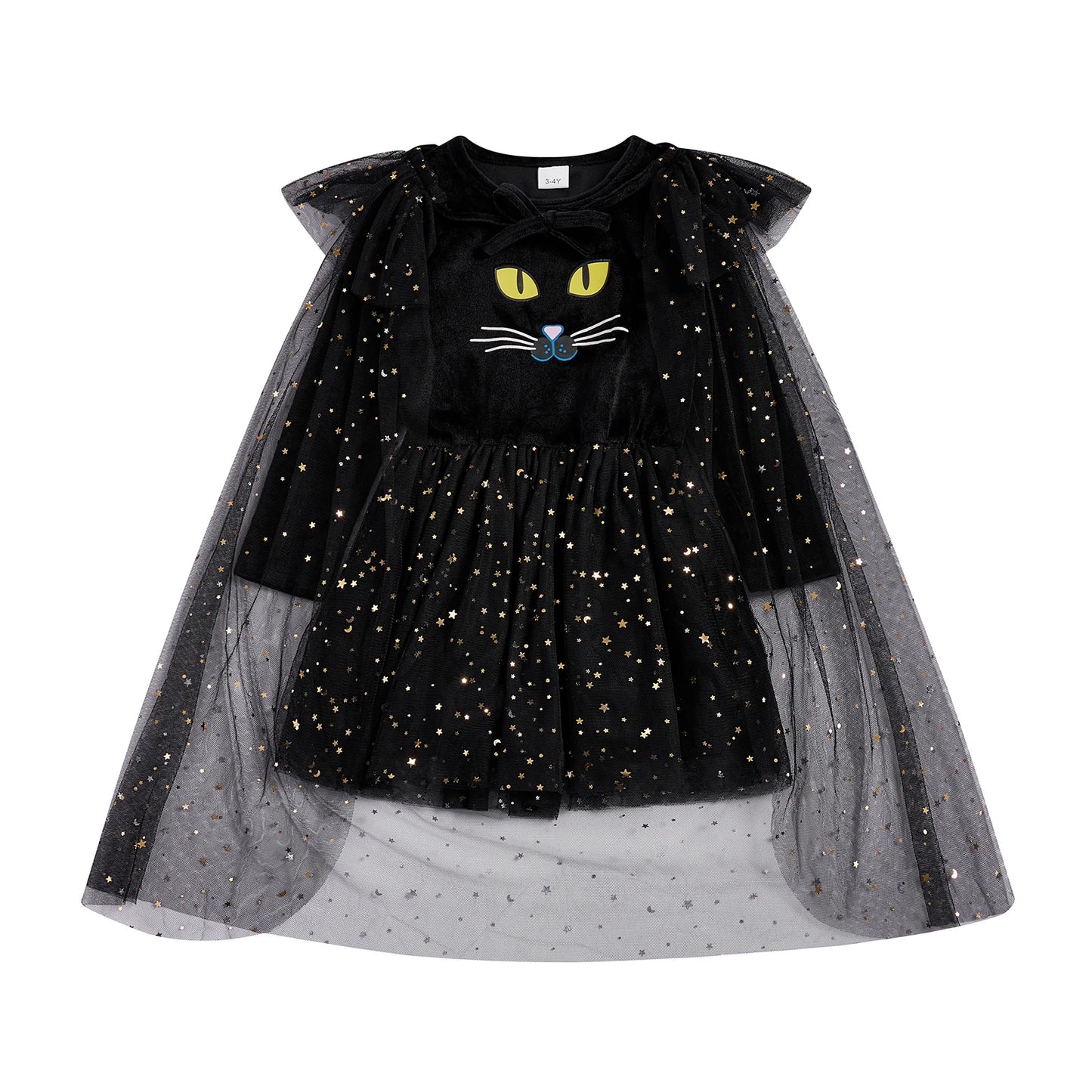 Girls Halloween Witch Costume Long Sleeve V Neck Tulle Patchwork Dress with Hat and Broomstick