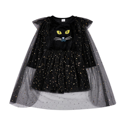Girls Halloween Witch Costume Long Sleeve V Neck Tulle Patchwork Dress with Hat and Broomstick