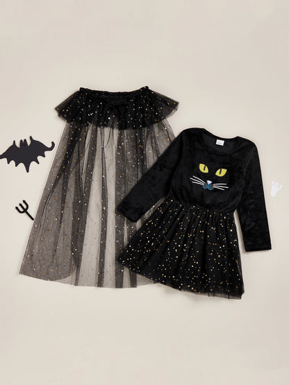 Girls Halloween Witch Costume Long Sleeve V Neck Tulle Patchwork Dress with Hat and Broomstick