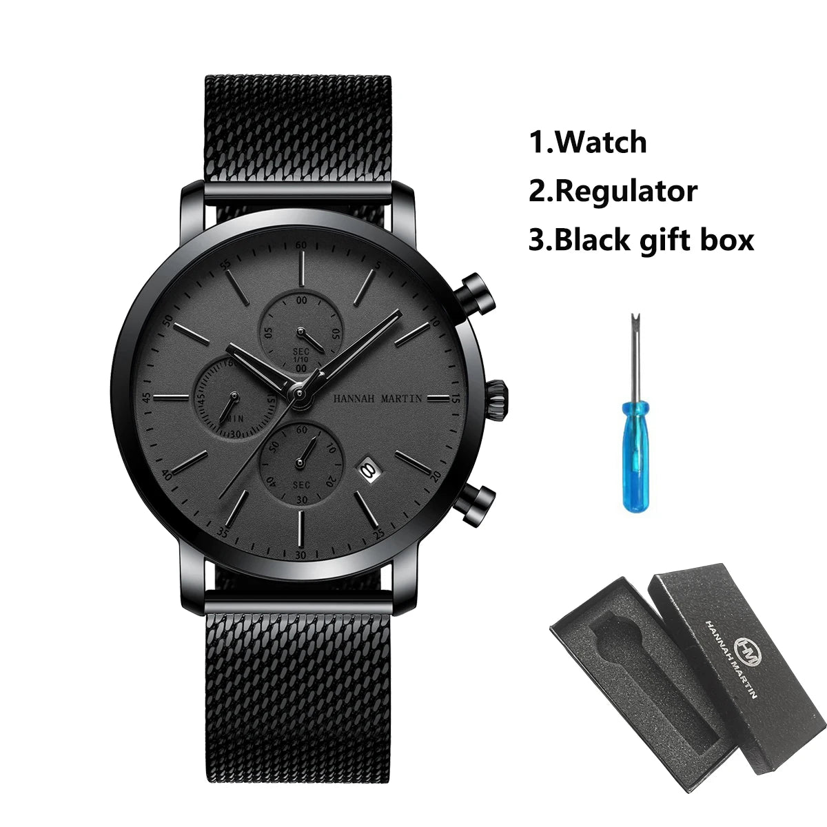 HANNAH MARTIN Brand Top Men Watch Black Stainless Steel Fashion Waterproof Sports Multifunctional Quartz Watch Relogio Masculino