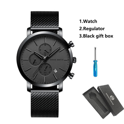 HANNAH MARTIN Brand Top Men Watch Black Stainless Steel Fashion Waterproof Sports Multifunctional Quartz Watch Relogio Masculino