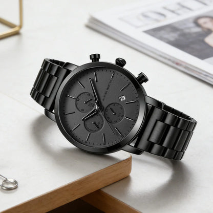 HANNAH MARTIN Brand Top Men Watch Black Stainless Steel Fashion Waterproof Sports Multifunctional Quartz Watch Relogio Masculino
