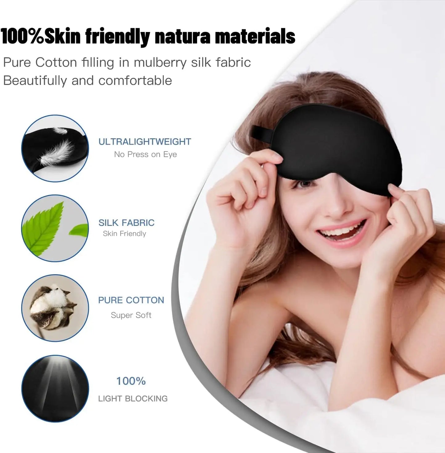 Silk Sleep Mask with Adjustable Strap, Satin Blackout Eye Mask for Men & Women, Comfortable Night Sleep Eyeshade (Black)