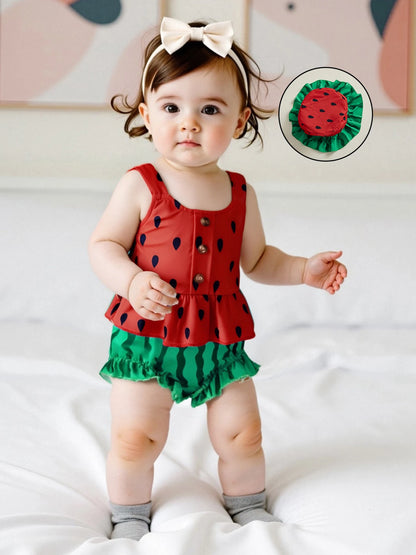 Girls 3 Piece Pineapple Outfits Sleeveless Button Cami Tops Ruffle Trim PP Shorts Hat Sets - Summer Fun Fashion