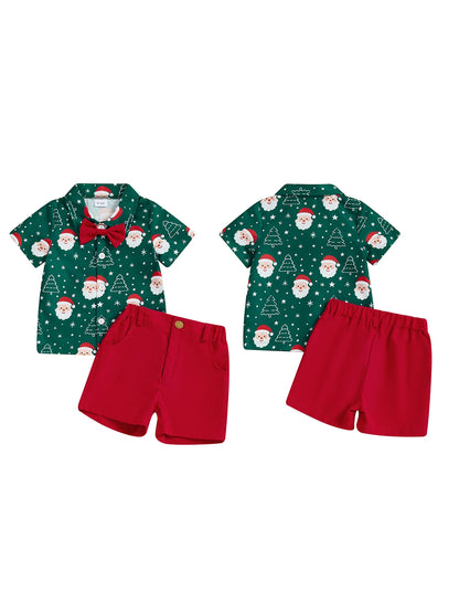 Adorable Infant Boys 2-Piece Set Stylish Short-Sleeve Shirt with Festive Christmas Print and Matching Solid Shorts for a