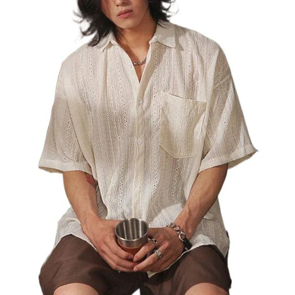 Men Casual Loose Hollow Out Short Sleeve Shirts with pockets Retro Fashion Vacation/Daily All-Match Tops Solid Color