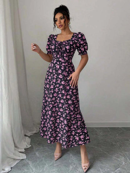 Women's Summer Elegant Casual Puff Sleeve Square Neck Black Floral Print Maxi Dress