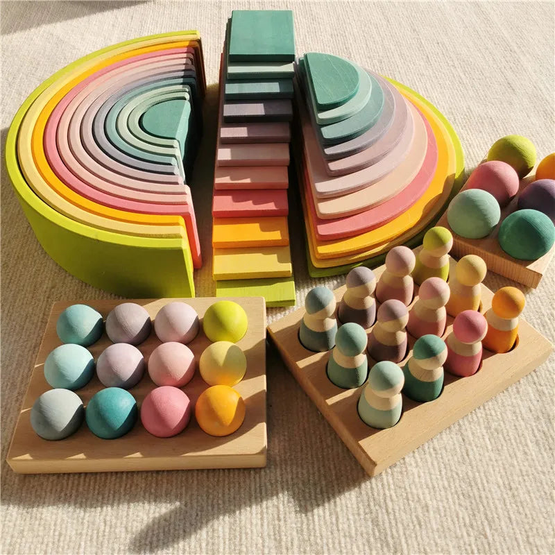 High Quality Wooden Toys Pastel Basswood Rainbow Stacking Blocks Pine Building Semi Sorting Peg Dolls Balls for Kids Play