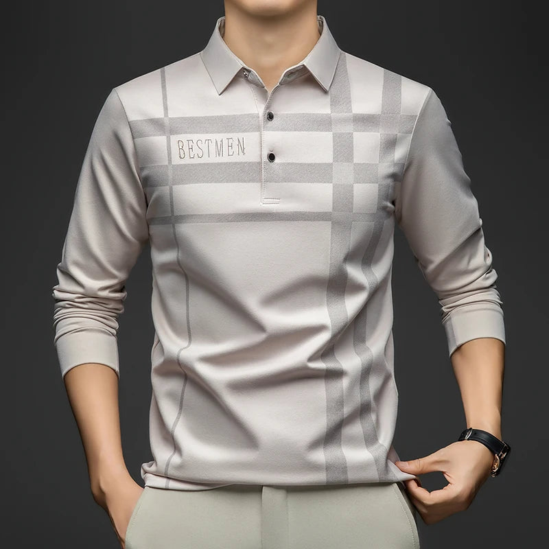 BROWON 2025 Spring Autumn Casual Golf Shirt Polo Man Plaid Pattern Soft Comfortable Long Sleeve Business Office Polo Shirt Men
