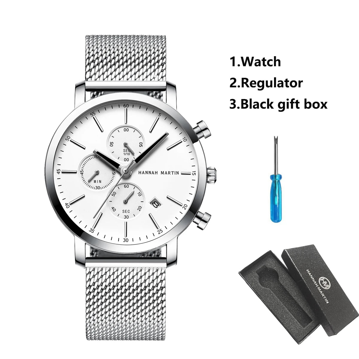 HANNAH MARTIN Brand Top Men Watch Black Stainless Steel Fashion Waterproof Sports Multifunctional Quartz Watch Relogio Masculino