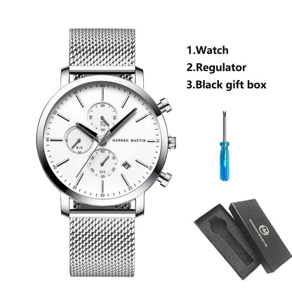 HANNAH MARTIN Brand Top Men Watch Black Stainless Steel Fashion Waterproof Sports Multifunctional Quartz Watch Relogio Masculino