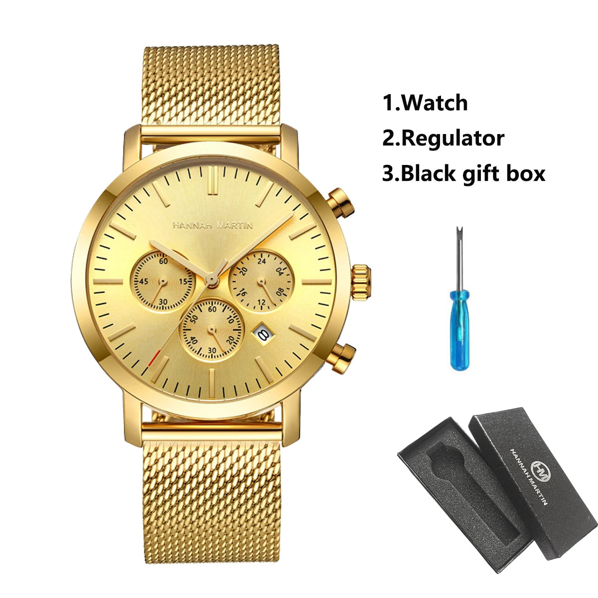 HANNAH MARTIN Brand Top Men Watch Black Stainless Steel Fashion Waterproof Sports Multifunctional Quartz Watch Relogio Masculino