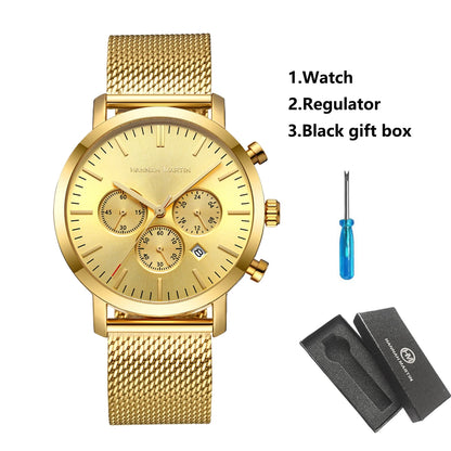 HANNAH MARTIN Brand Top Men Watch Black Stainless Steel Fashion Waterproof Sports Multifunctional Quartz Watch Relogio Masculino