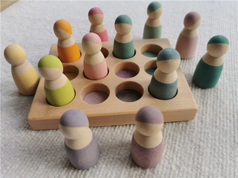 High Quality Wooden Toys Pastel Basswood Rainbow Stacking Blocks Pine Building Semi Sorting Peg Dolls Balls for Kids Play