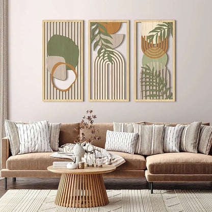 3pcs Bohemian Style Hollow Wooden Wall Art Abstract Geometry Decor for Bedroom Living Room Dining Room Porch