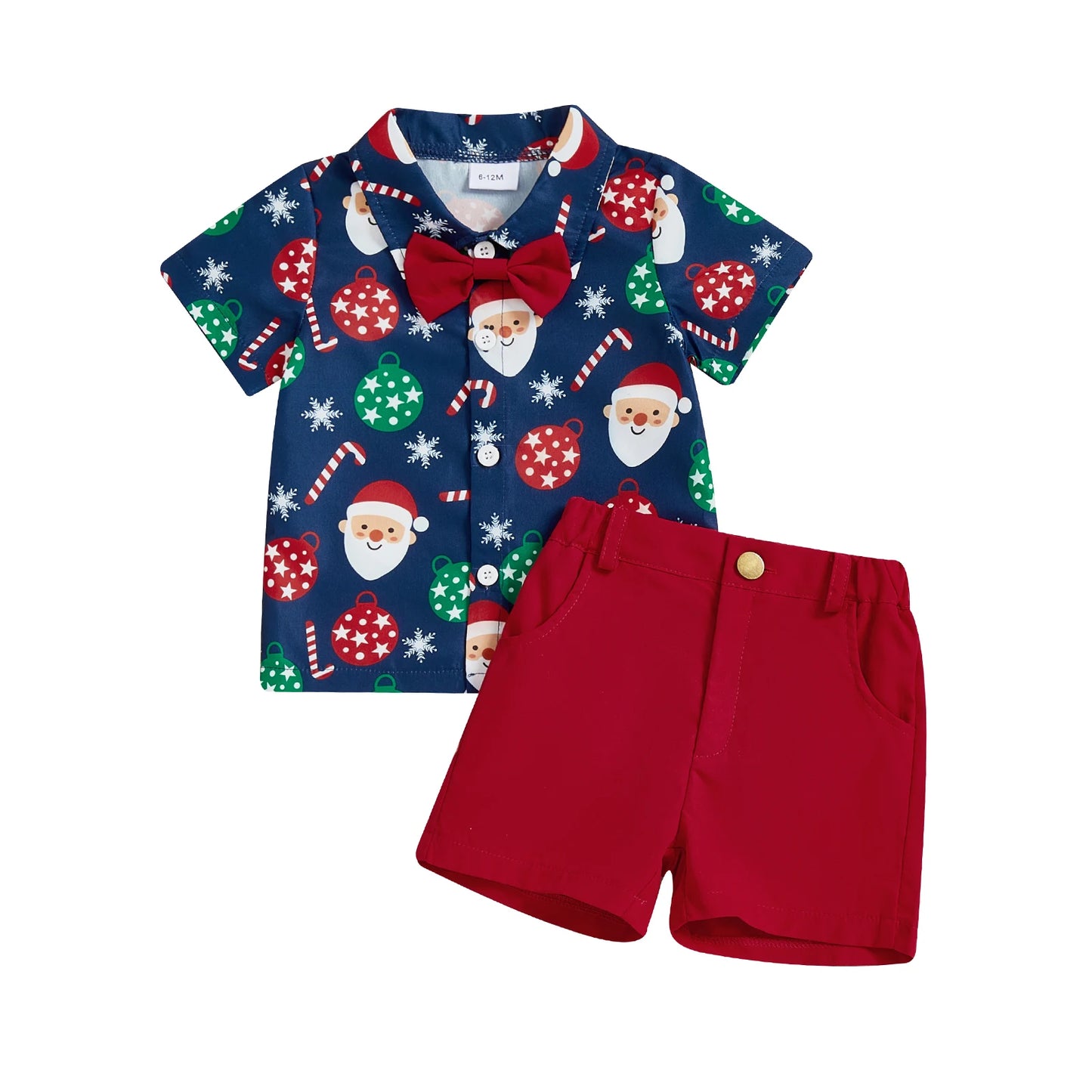 Adorable Infant Boys 2-Piece Set Stylish Short-Sleeve Shirt with Festive Christmas Print and Matching Solid Shorts for a