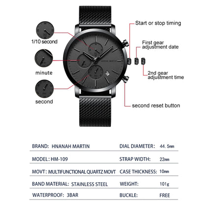 HANNAH MARTIN Brand Top Men Watch Black Stainless Steel Fashion Waterproof Sports Multifunctional Quartz Watch Relogio Masculino