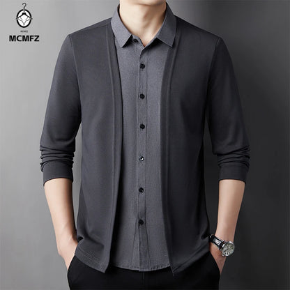 Men's Casual Long Sleeved Shirt Fake Two Piece Comfortable Outdoor Cardigan Korean Version Solid Color Fashionable Versatile Top