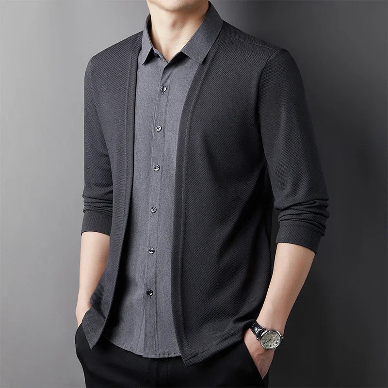 Men's Casual Long Sleeved Shirt Fake Two Piece Comfortable Outdoor Cardigan Korean Version Solid Color Fashionable Versatile Top