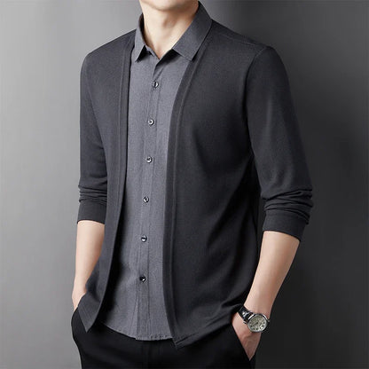 Men's Casual Long Sleeved Shirt Fake Two Piece Comfortable Outdoor Cardigan Korean Version Solid Color Fashionable Versatile Top