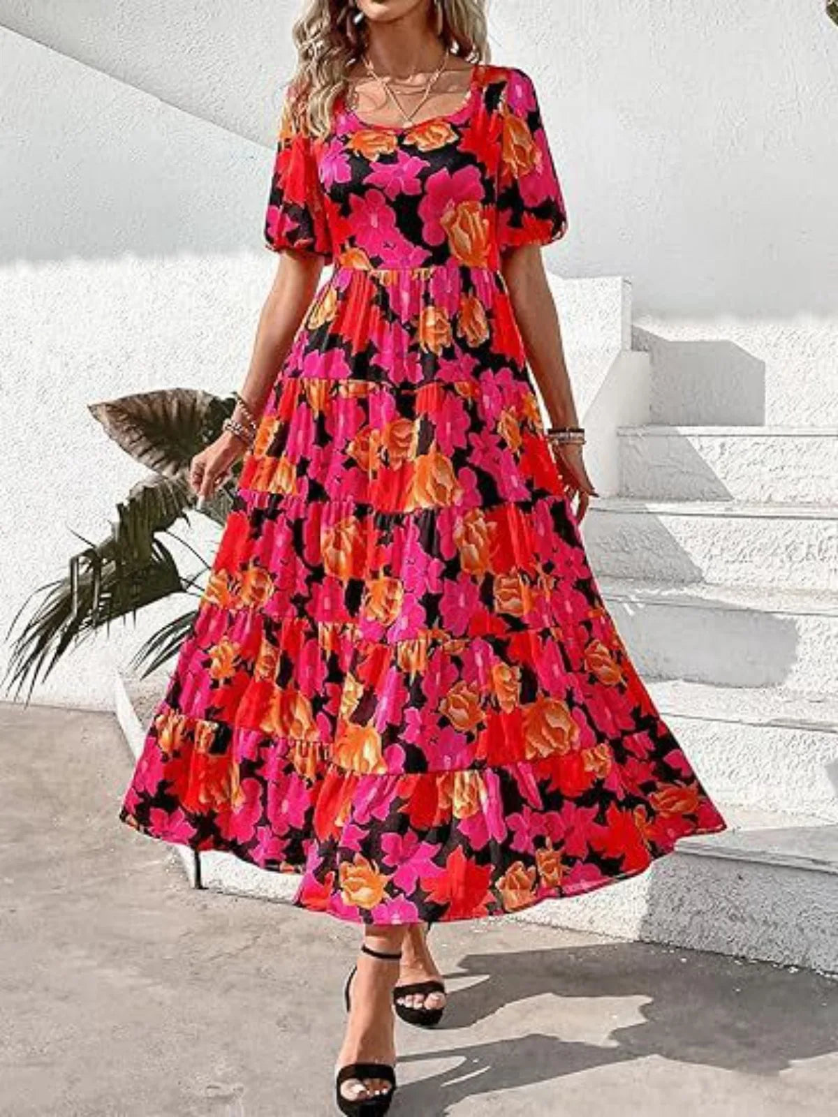 Puff-sleeved gathered open-back printed tiered short-sleeve dress