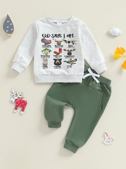 Infant Boys Stylish Autumn Ensemble Trendy Long Sleeve Top with Printed Letters and Matching Solid Pants - 2 Piece Set