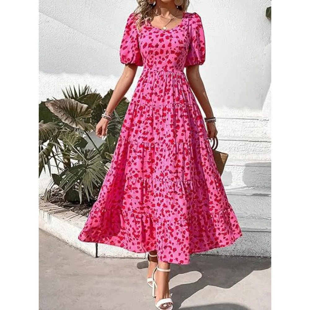 Puff-sleeved gathered open-back printed tiered short-sleeve dress