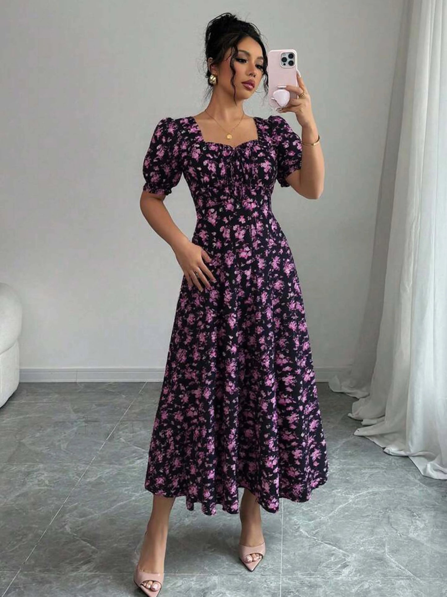 Women's Summer Elegant Casual Puff Sleeve Square Neck Black Floral Print Maxi Dress