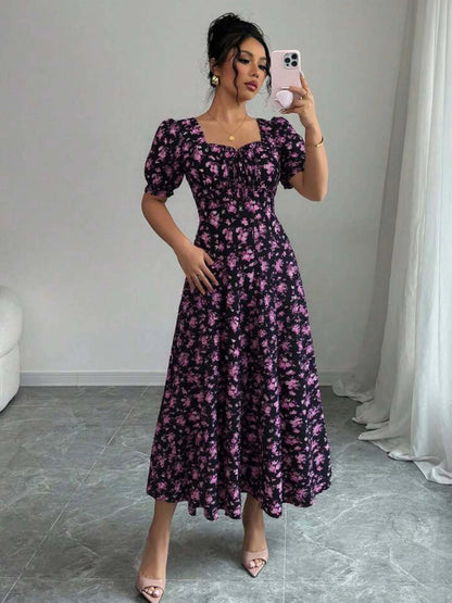 Women's Summer Elegant Casual Puff Sleeve Square Neck Black Floral Print Maxi Dress