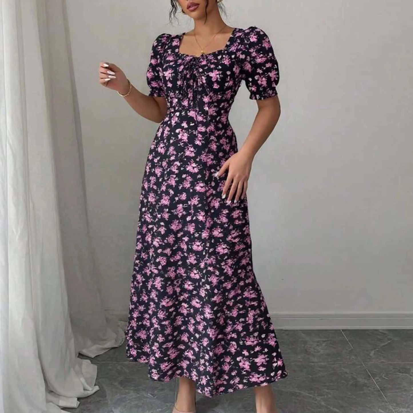 Women's Summer Elegant Casual Puff Sleeve Square Neck Black Floral Print Maxi Dress