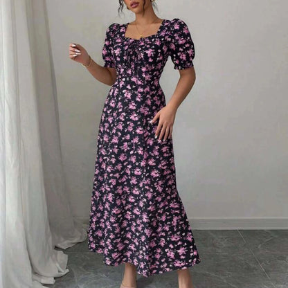 Women's Summer Elegant Casual Puff Sleeve Square Neck Black Floral Print Maxi Dress