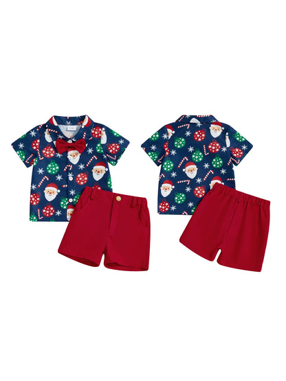 Adorable Infant Boys 2-Piece Set Stylish Short-Sleeve Shirt with Festive Christmas Print and Matching Solid Shorts for a